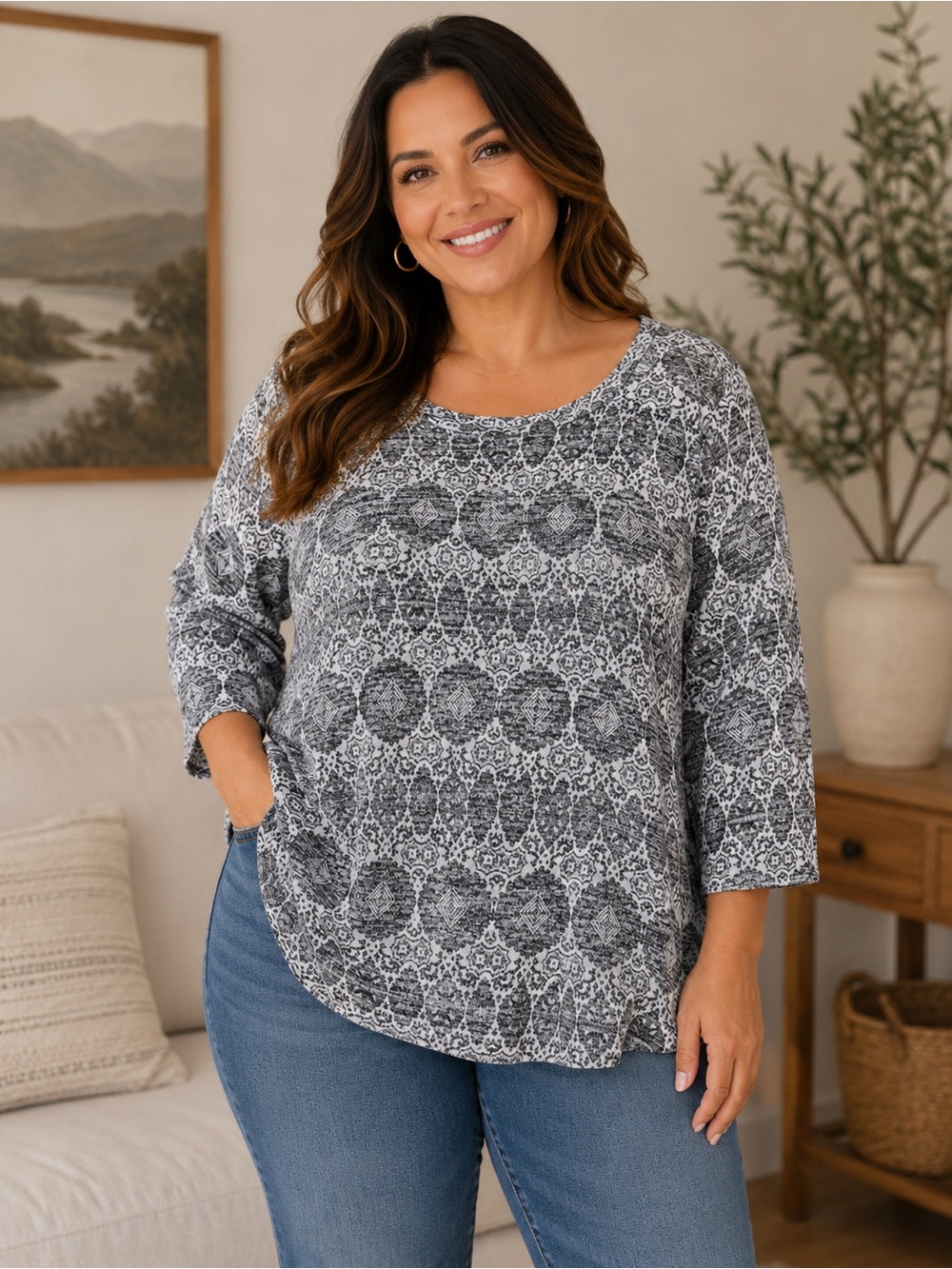 Front of Closet Geometric Medallion Print Scoop Neck Top Size 2X